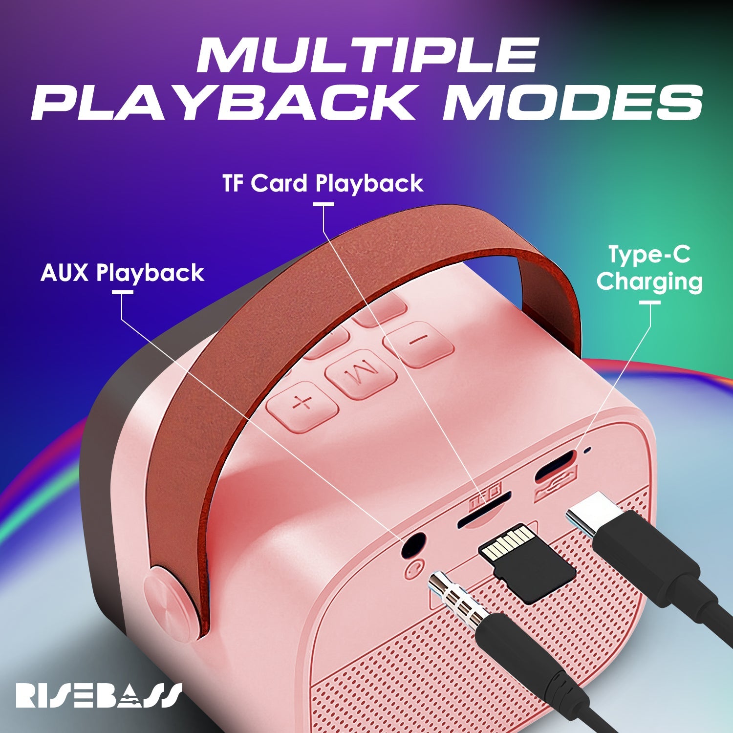 Risebass Mini Karaoke Machine for Kids Adults, Portable Bluetooth Speaker with 2 Wireless Microphones, Toys Birthday Gifts for Girls  Years Old Toddler Teens.-4